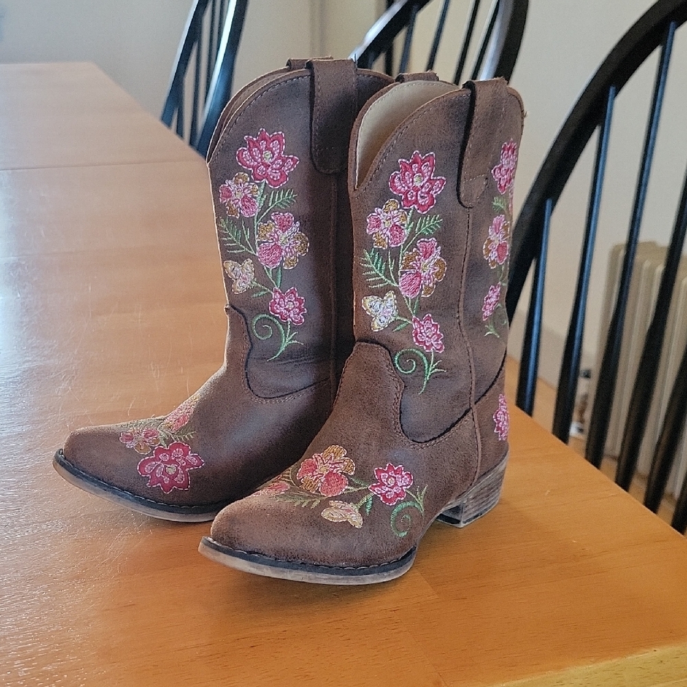 Roper Girls Brown Floral Embroidered Cowboy Boots (Toddler Size 9)